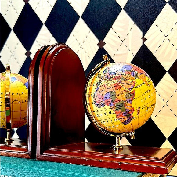 Elegant Vintage Globe Bookends | Brass & Wood | Timeless Library Accent - Picture 1 of 14